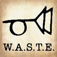 A line-art trumpet with mute, W.A.S.T.E underneath.