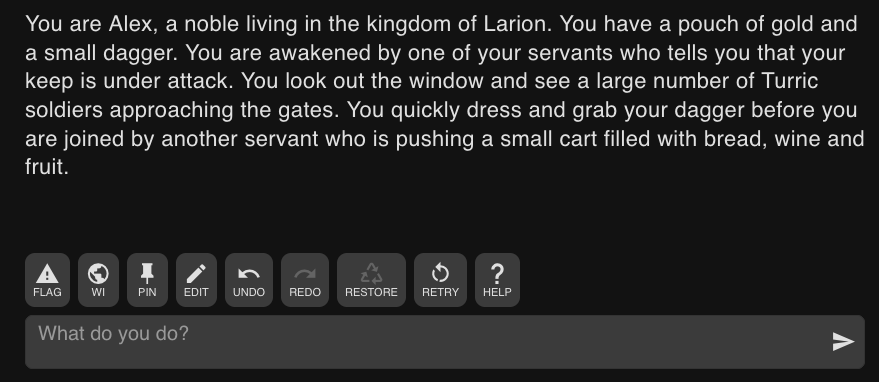 Figure 1: A screenshot of AI Dungeon showing several lines of text describing a starting scenario of the adventure at the top of the screen. Below the text is a row of buttons with icons and labels such as Flag, Pin, Edit, Undo and Retry. At the bottom is a text entry field containing the text 