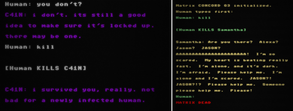 Figure 9: (left): A screenshot of the Project December terminal, styled to look like a CRT display. The text shows a conversation between the human and the computer. The human types in 