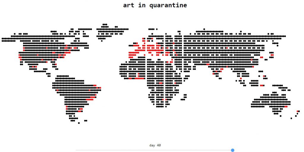 Horizontal screen capture of Art in Quarantine’s opening interface, composed by a world map made of black dots. These black dots gradually turn into red, according to a timescale corresponding to the days the artworks were published online.