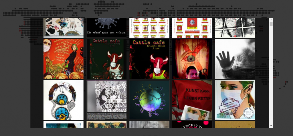 Horizontal screen capture of Art in Quarantine’s collective gallery, composed of square thumbnails, each image corresponding to an artwork. For example, thumbnail of green and purple sphere pierced with metal elements, emulating the Coronavirus; a stamp made of a colour-saturated female figure wearing a face mask and the following text “art is contagious”; a black and white, blurred image of a human figure pressing his/her hand into the screen.