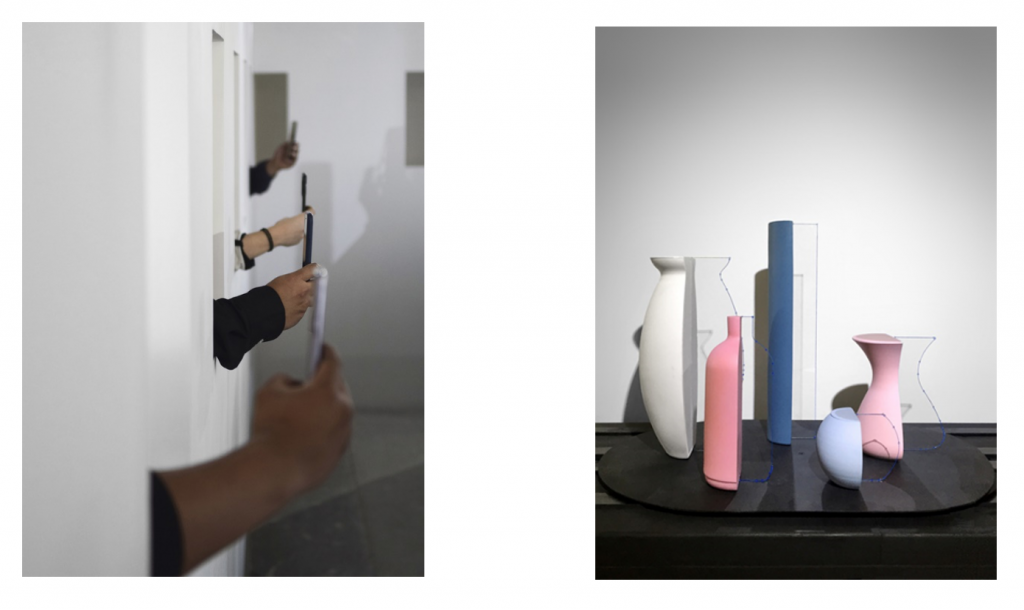 Fig. 4.1 Photograph of spectators’ hands holding their phones through small square openings in a wall to record the pieces as they pass by them in the conveyor belt. Fig. 4.2 Detail of one of Lobera’s pieces on display, showing a series of ceramic vases cut in half and their volume completed by a blue wire with small points in their vertices, simulating an image from a 3D rendering software program.