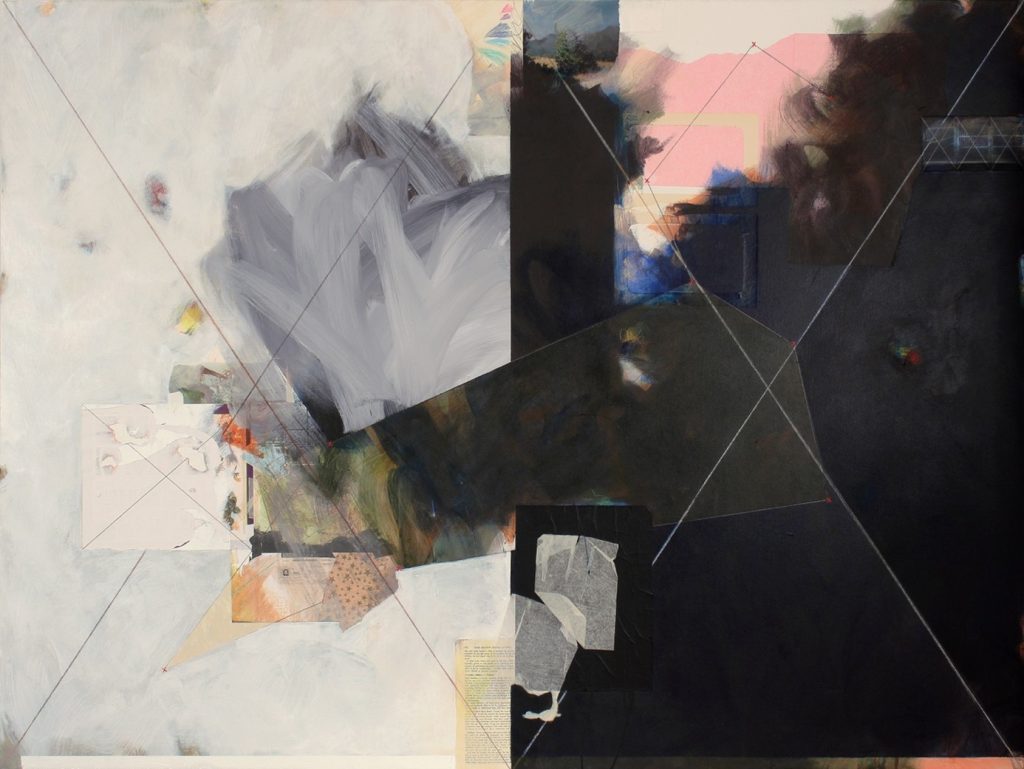 An abstract painting with a light and dark half, harshly cut down the middle, with a gray limb stretching between.