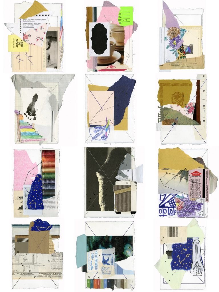Collage of scraps, 3 by 4 on a white canvas.