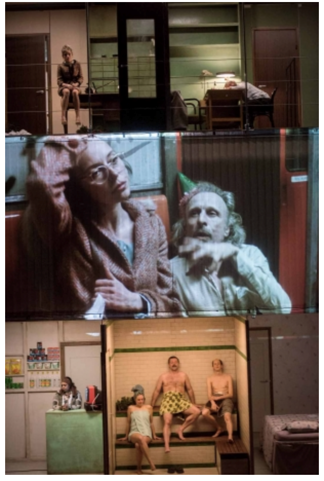 Three scenes playing out at once, 16 by 9 squares in a column.