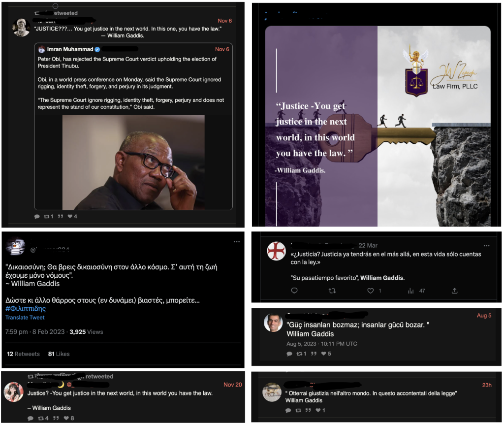 Social media user quoting Gaddis on justice: