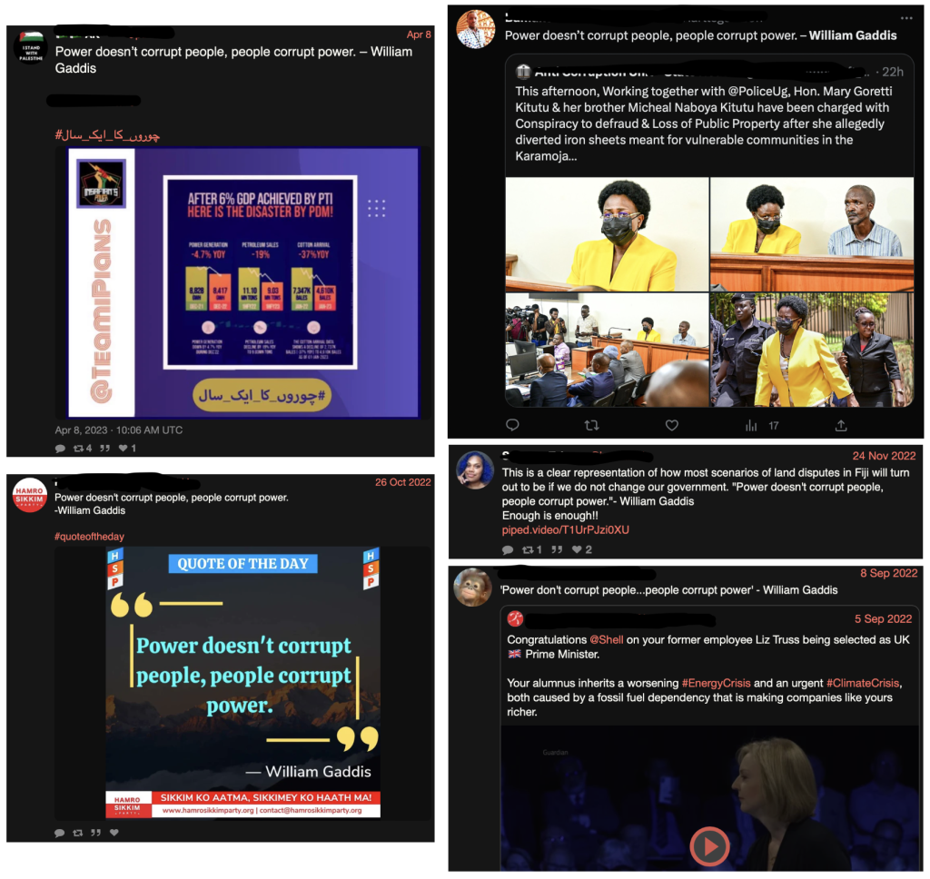 Social media user quoting Gaddis on power: