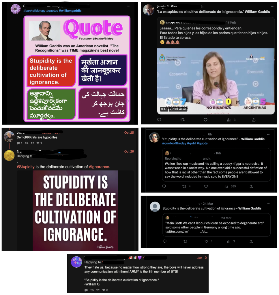 Social media users quoting Gaddis: