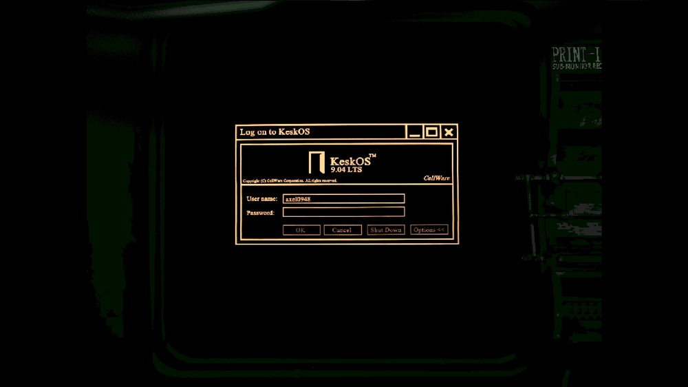 The KeskOS login screen, evoking early computer
interfaces with its amber-on-black palette.