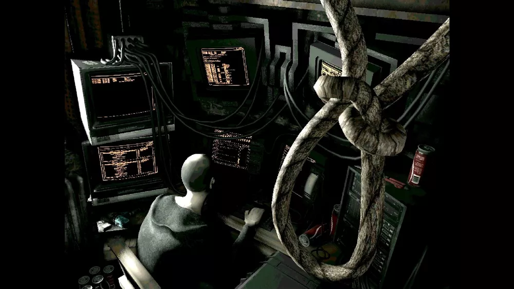 Axel at his workstation. The rope to his right is
referred to as his "way out."